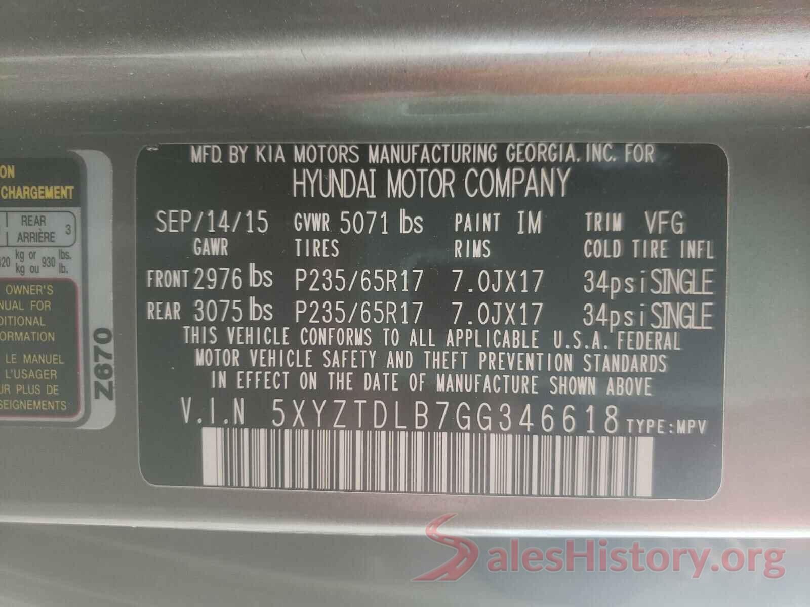 5XYZTDLB7GG346618 2016 HYUNDAI SANTA FE