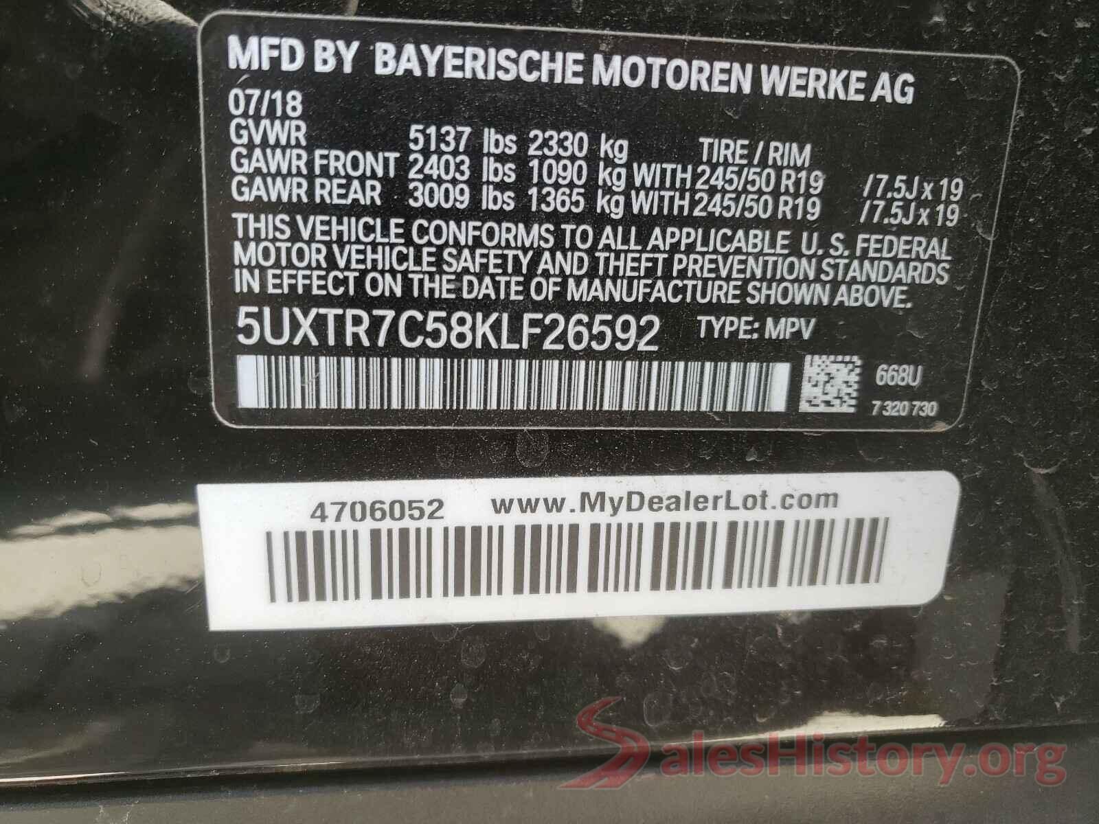 5UXTR7C58KLF26592 2019 BMW X3