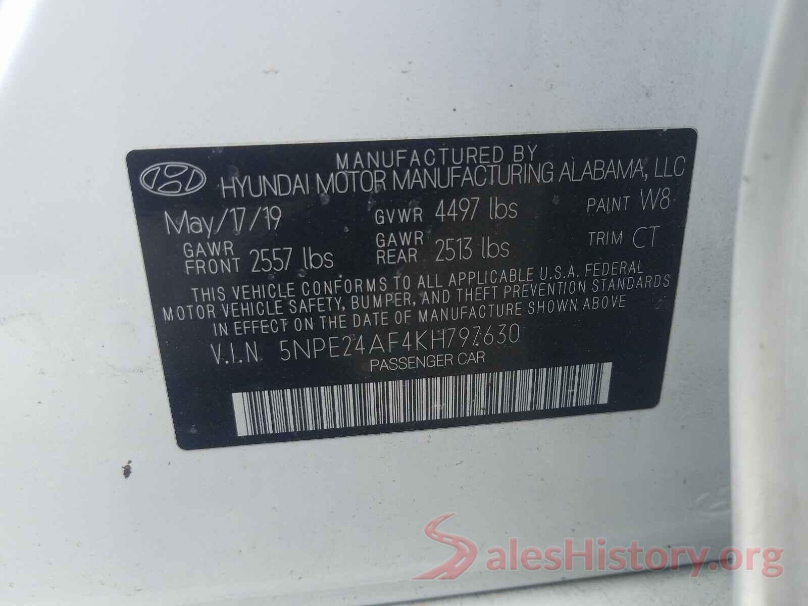 5NPE24AF4KH797630 2019 HYUNDAI SONATA