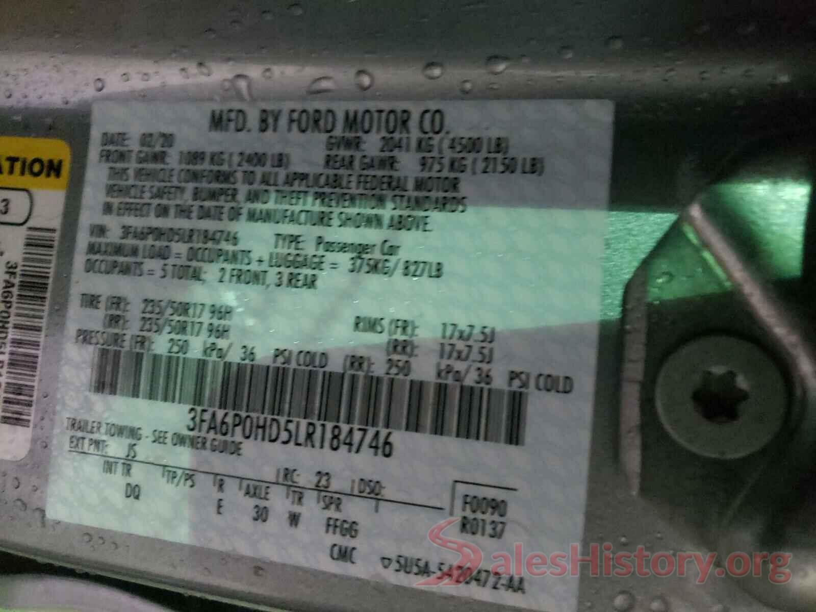 3FA6P0HD5LR184746 2020 FORD FUSION