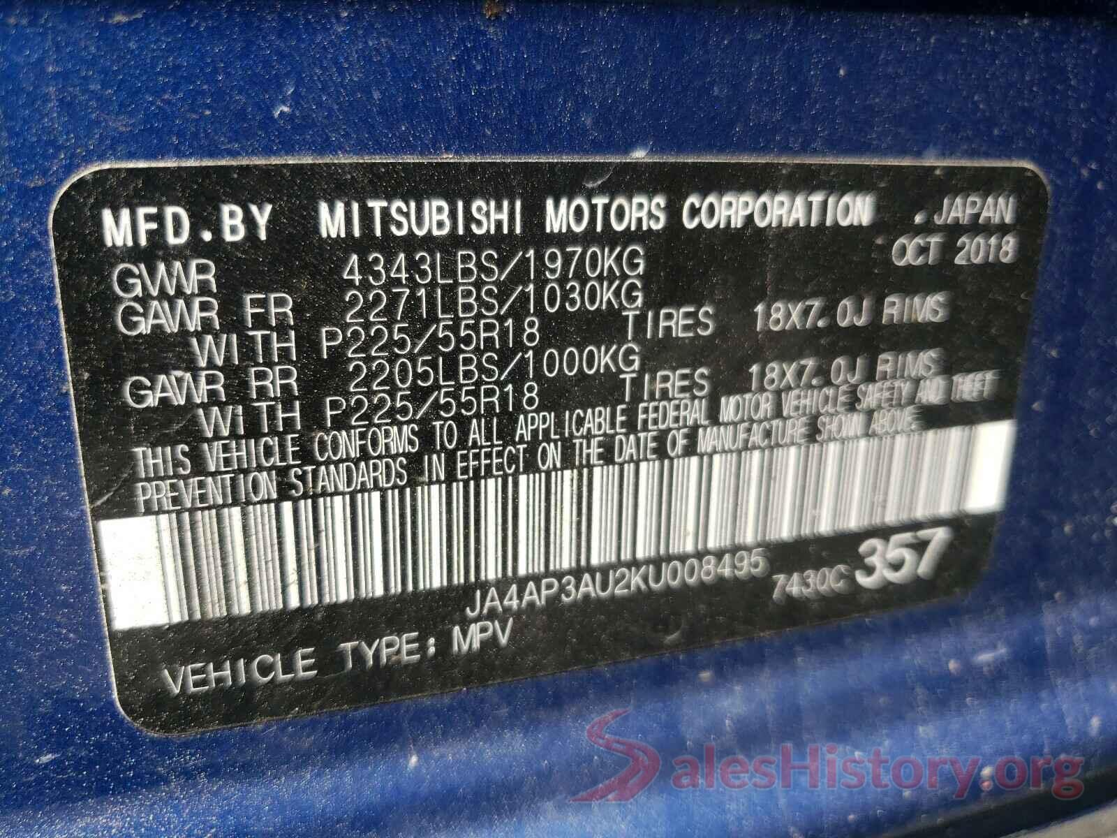 JA4AP3AU2KU008495 2019 MITSUBISHI OUTLANDER