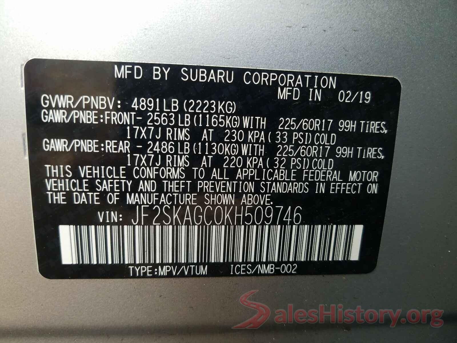 JF2SKAGC0KH509746 2019 SUBARU FORESTER