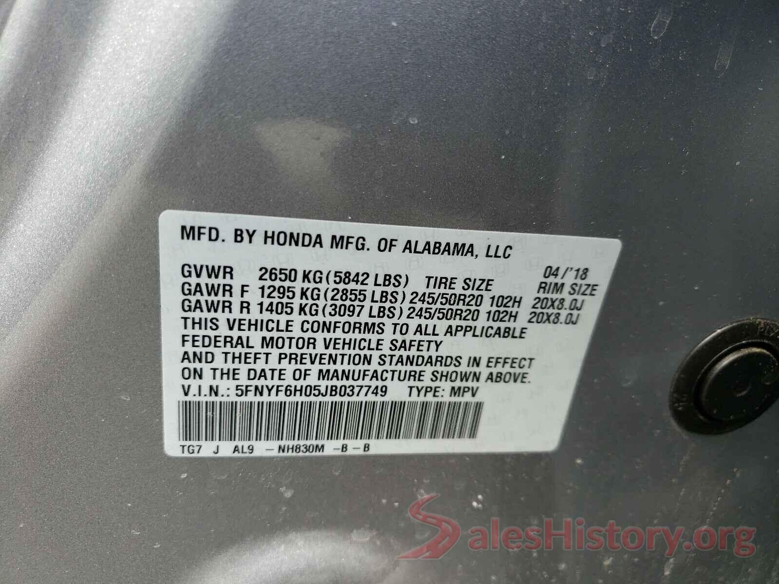 5FNYF6H05JB037749 2018 HONDA PILOT