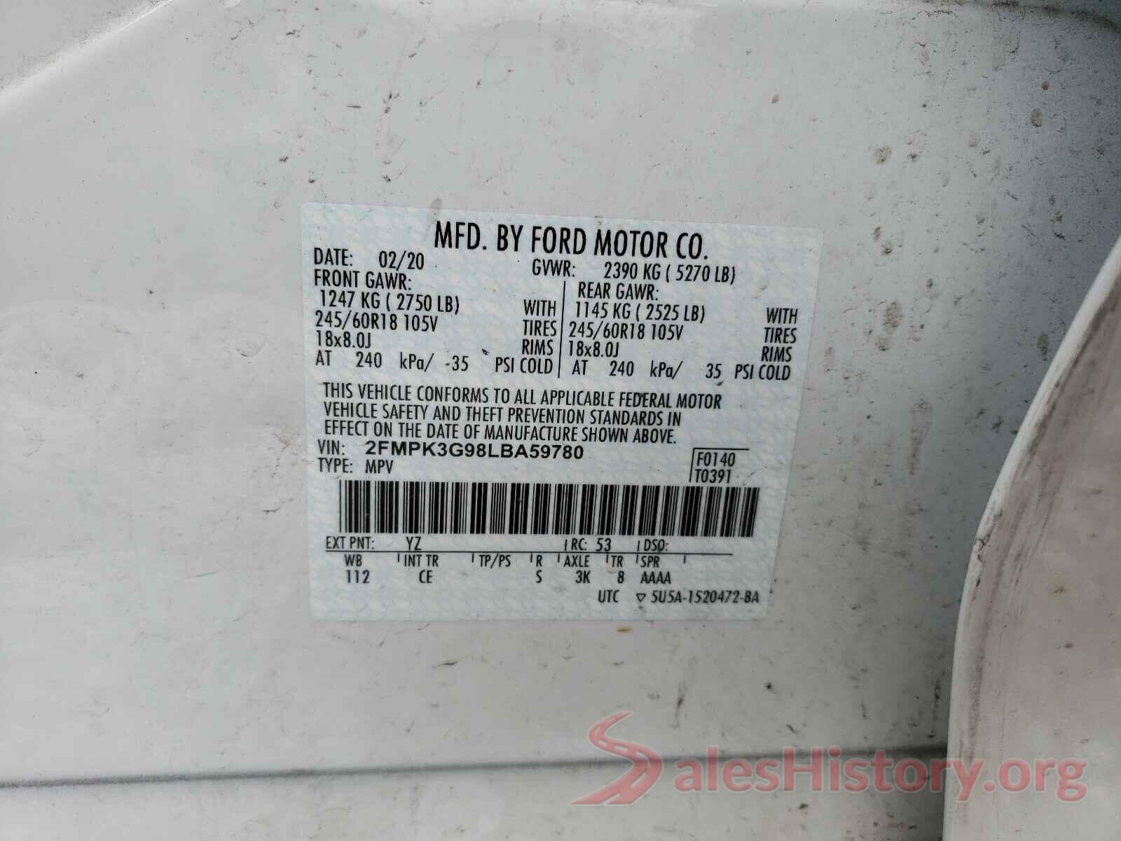 2FMPK3G98LBA59780 2020 FORD EDGE