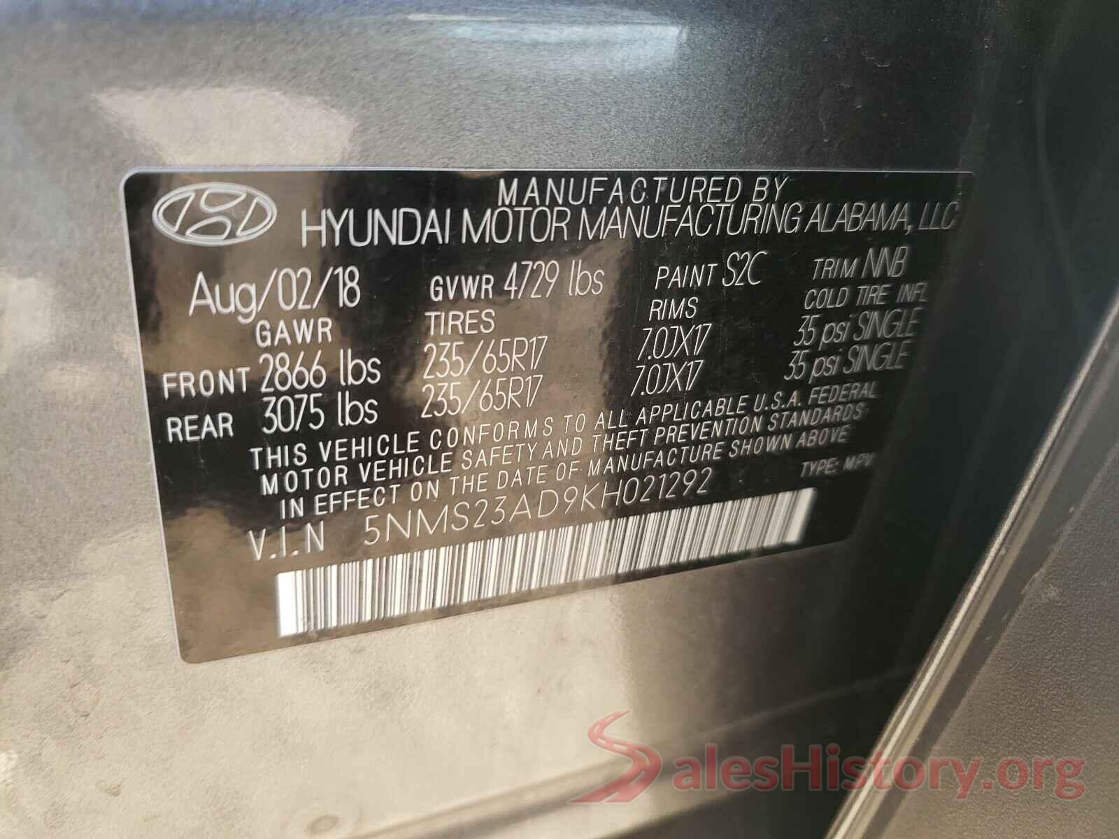 5NMS23AD9KH021292 2019 HYUNDAI SANTA FE