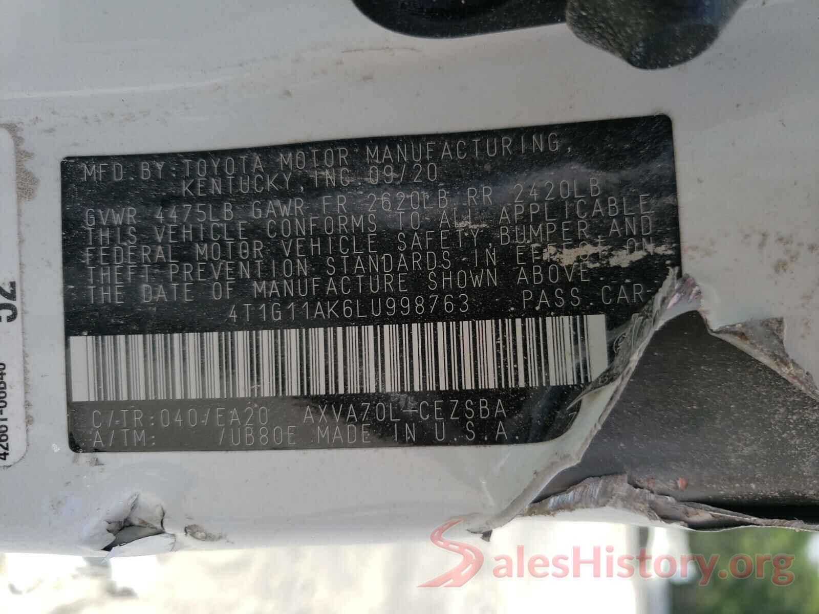 4T1G11AK6LU998763 2020 TOYOTA CAMRY