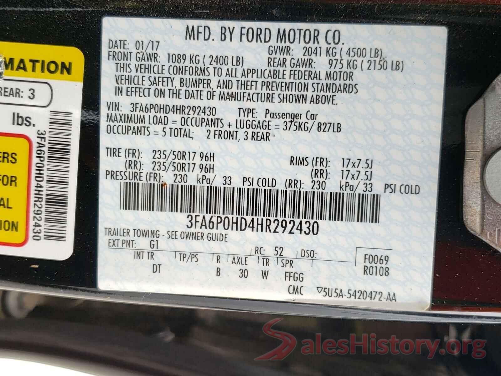 3FA6P0HD4HR292430 2017 FORD FUSION