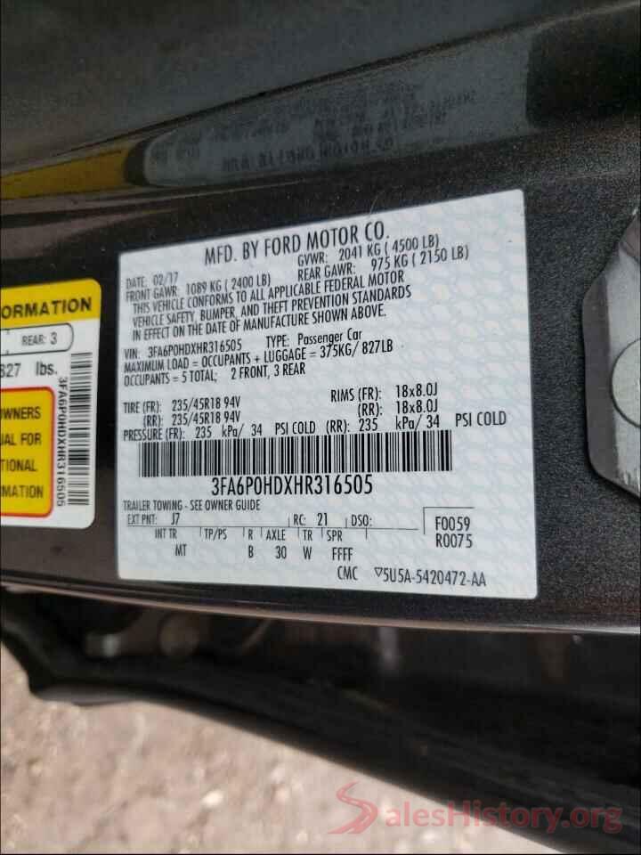 3FA6P0HDXHR316505 2017 FORD FUSION