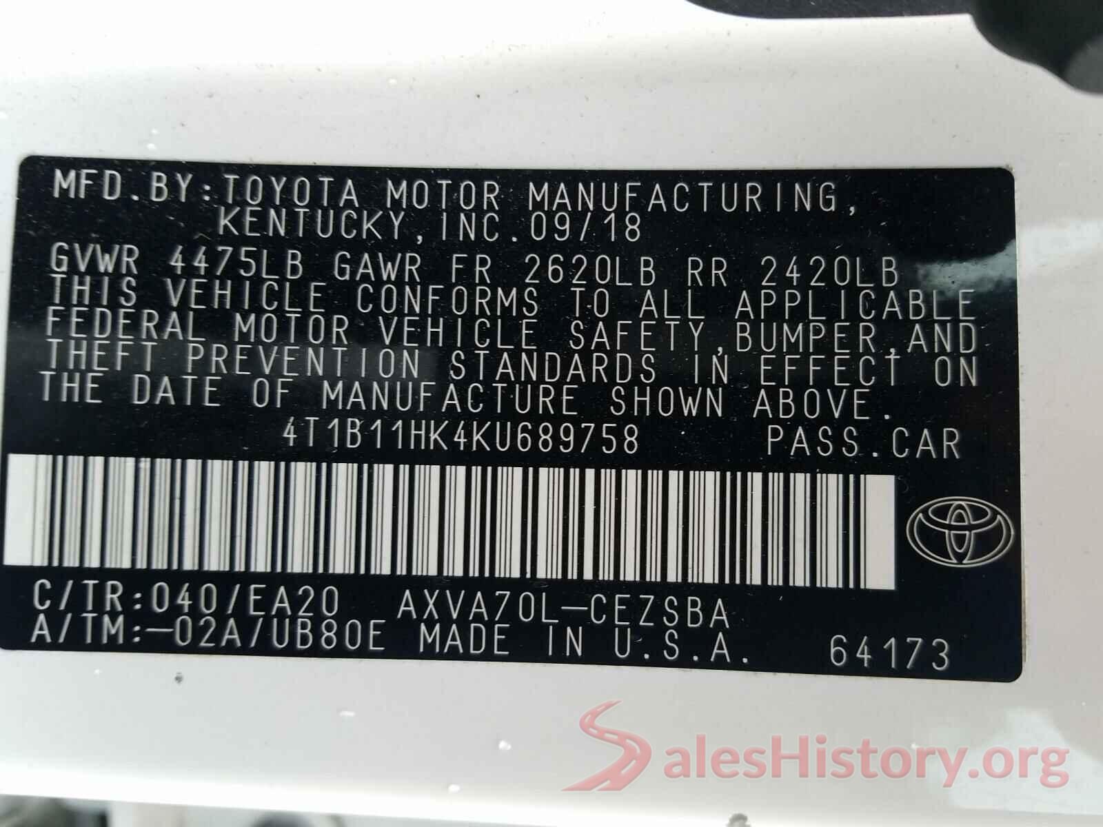 4T1B11HK4KU689758 2019 TOYOTA CAMRY