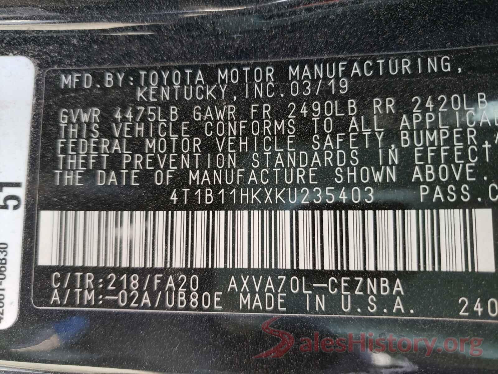 4T1B11HKXKU235403 2019 TOYOTA CAMRY