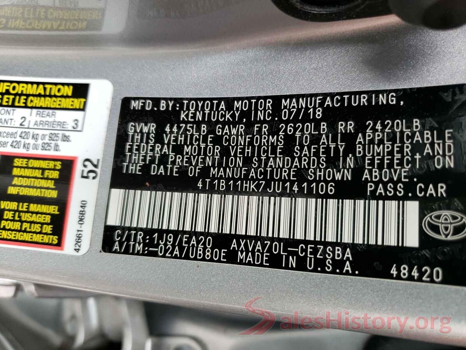 4T1B11HK7JU141106 2018 TOYOTA CAMRY