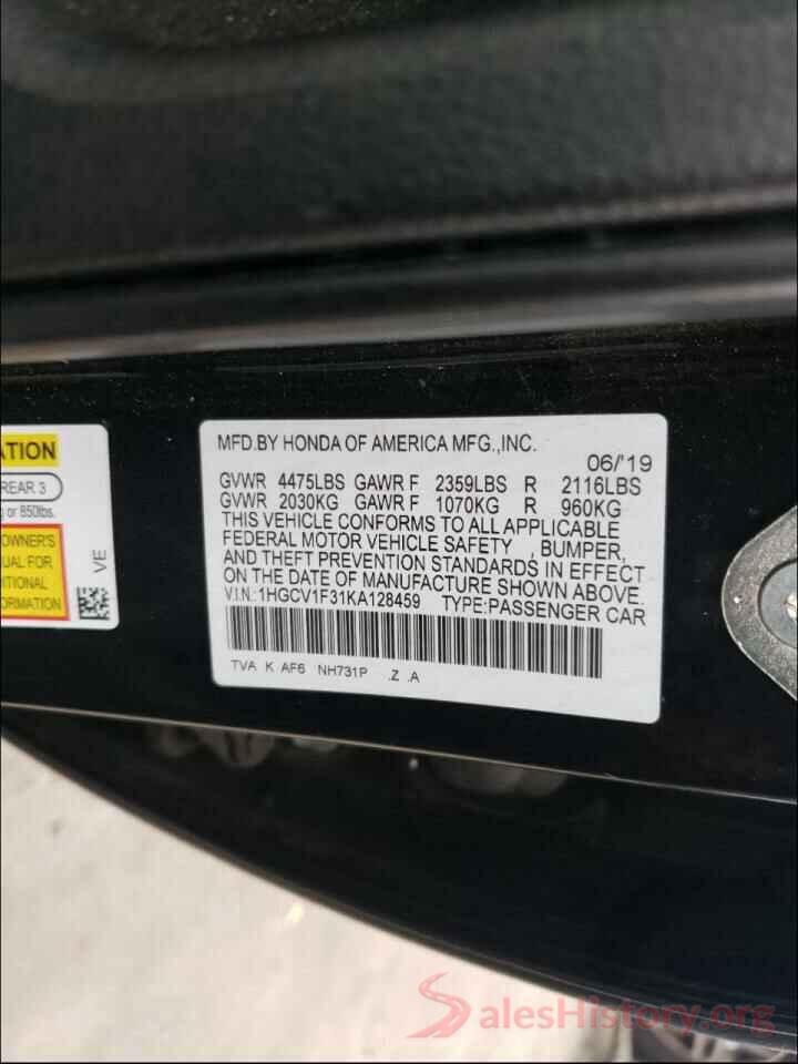 1HGCV1F31KA128459 2019 HONDA ACCORD