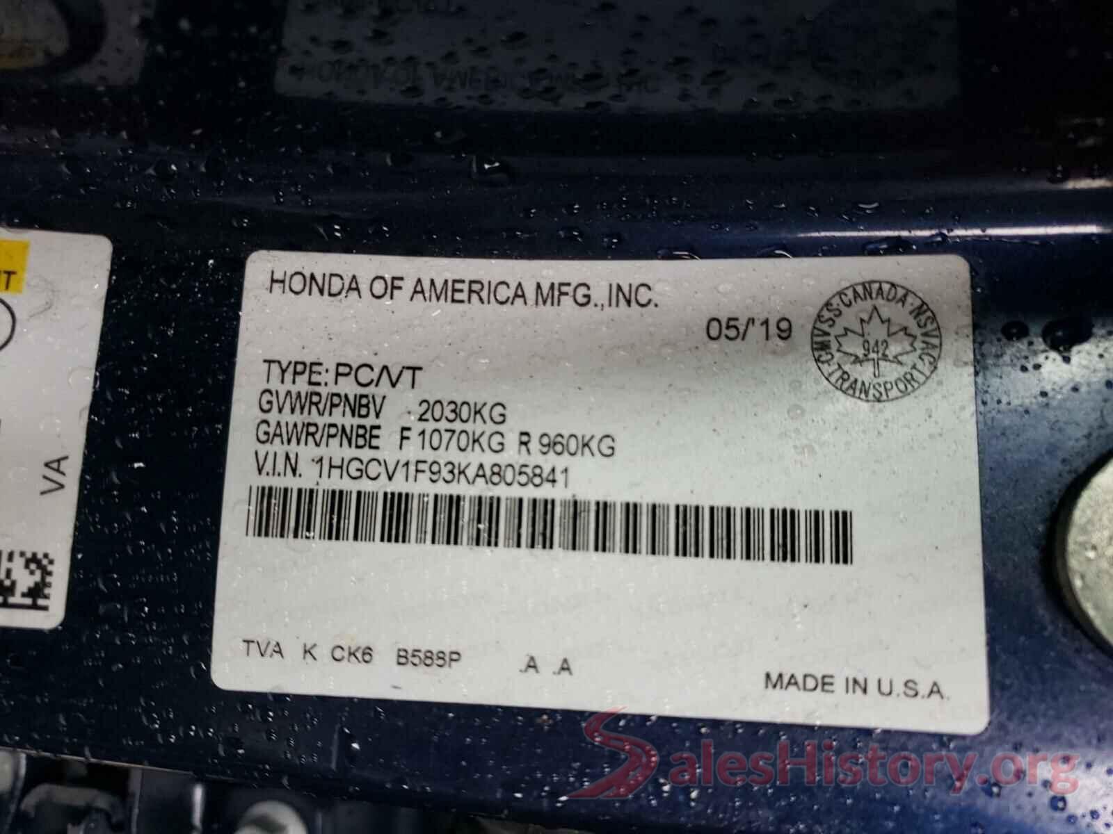 1HGCV1F93KA805841 2019 HONDA ACCORD