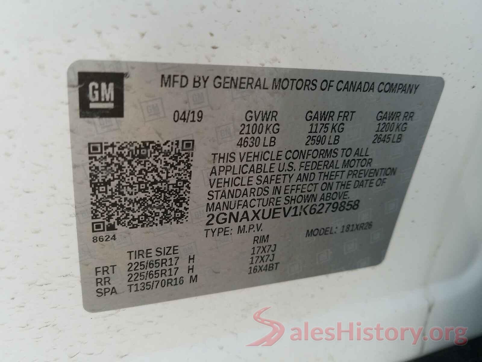 2GNAXUEV1K6279858 2019 CHEVROLET EQUINOX