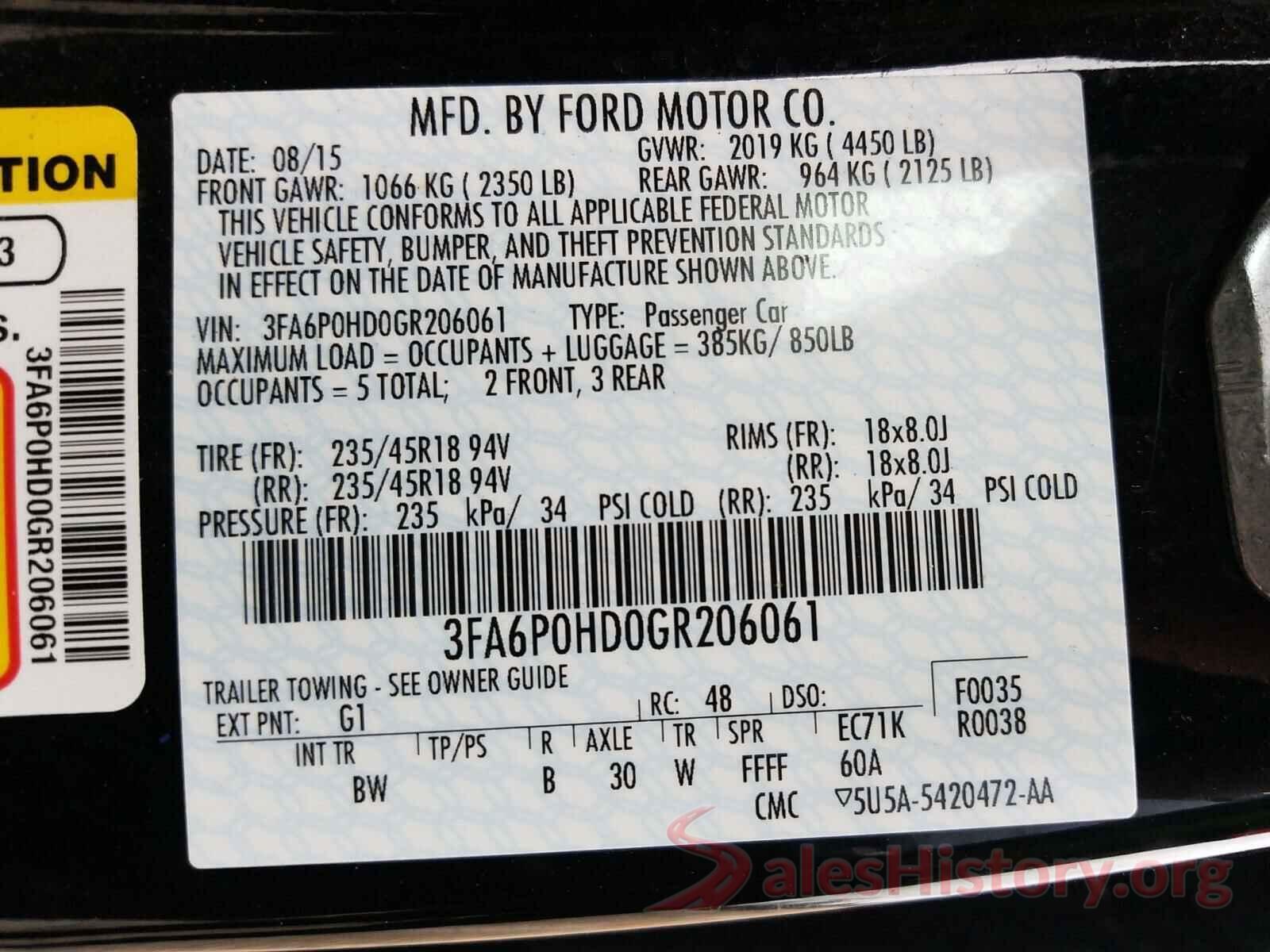 3FA6P0HD0GR206061 2016 FORD FUSION