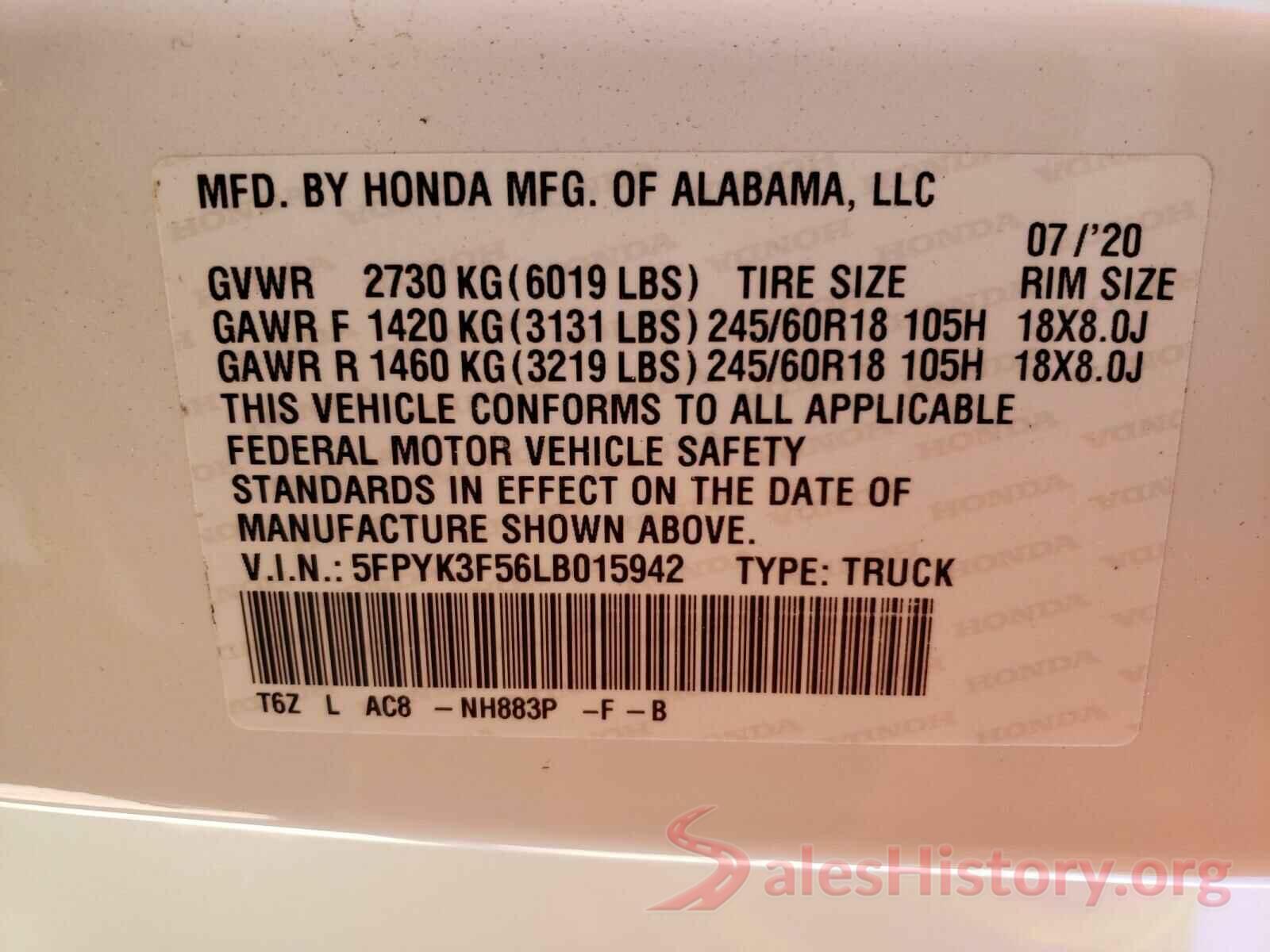 5FPYK3F56LB015942 2020 HONDA RIDGELINE