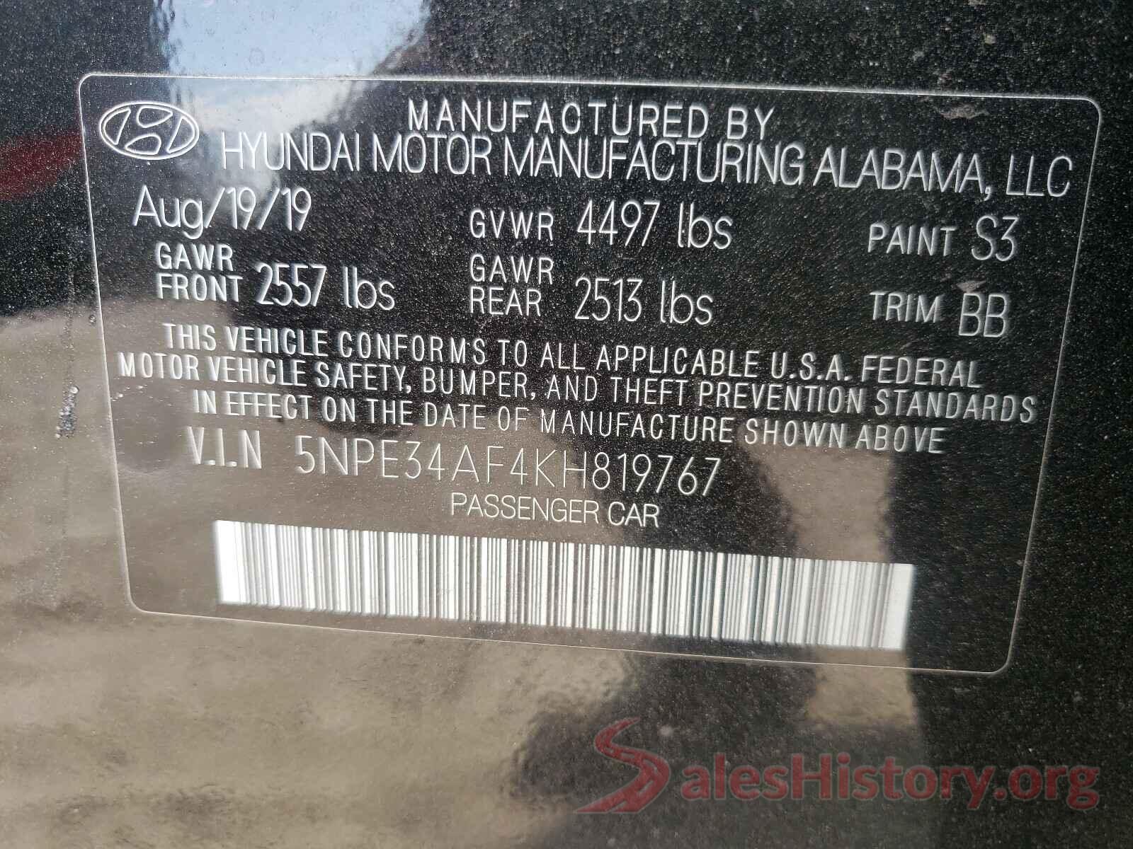 5NPE34AF4KH819767 2019 HYUNDAI SONATA