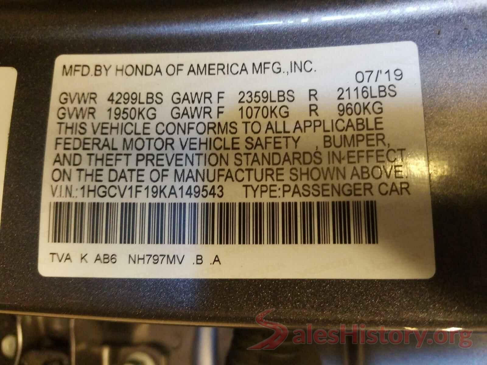 1HGCV1F19KA149543 2019 HONDA ACCORD