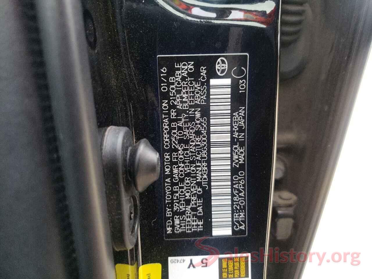 JTDKBRFU8G3004565 2016 TOYOTA PRIUS