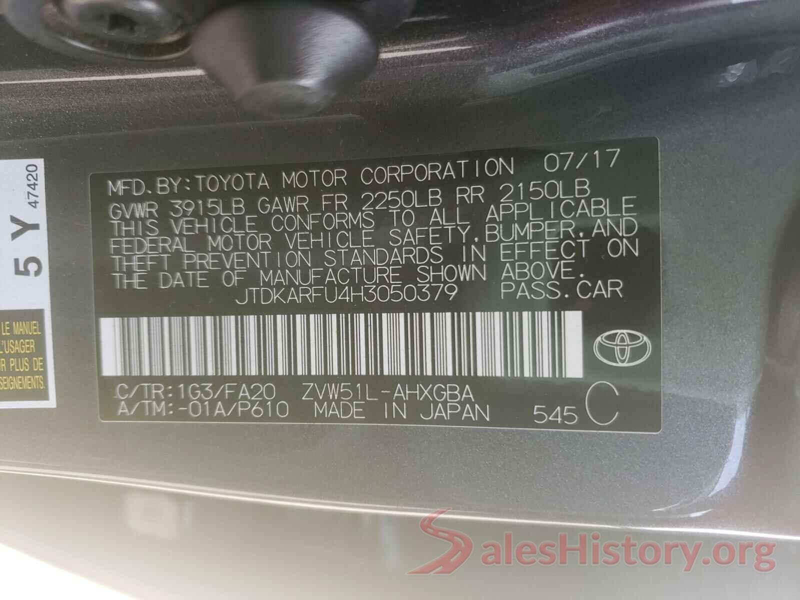 JTDKARFU4H3050379 2017 TOYOTA PRIUS