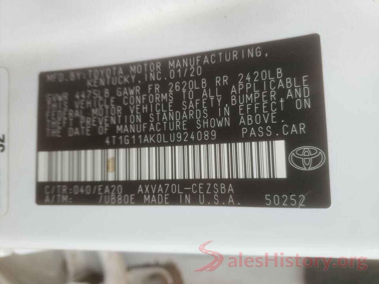 4T1G11AK0LU924089 2020 TOYOTA CAMRY