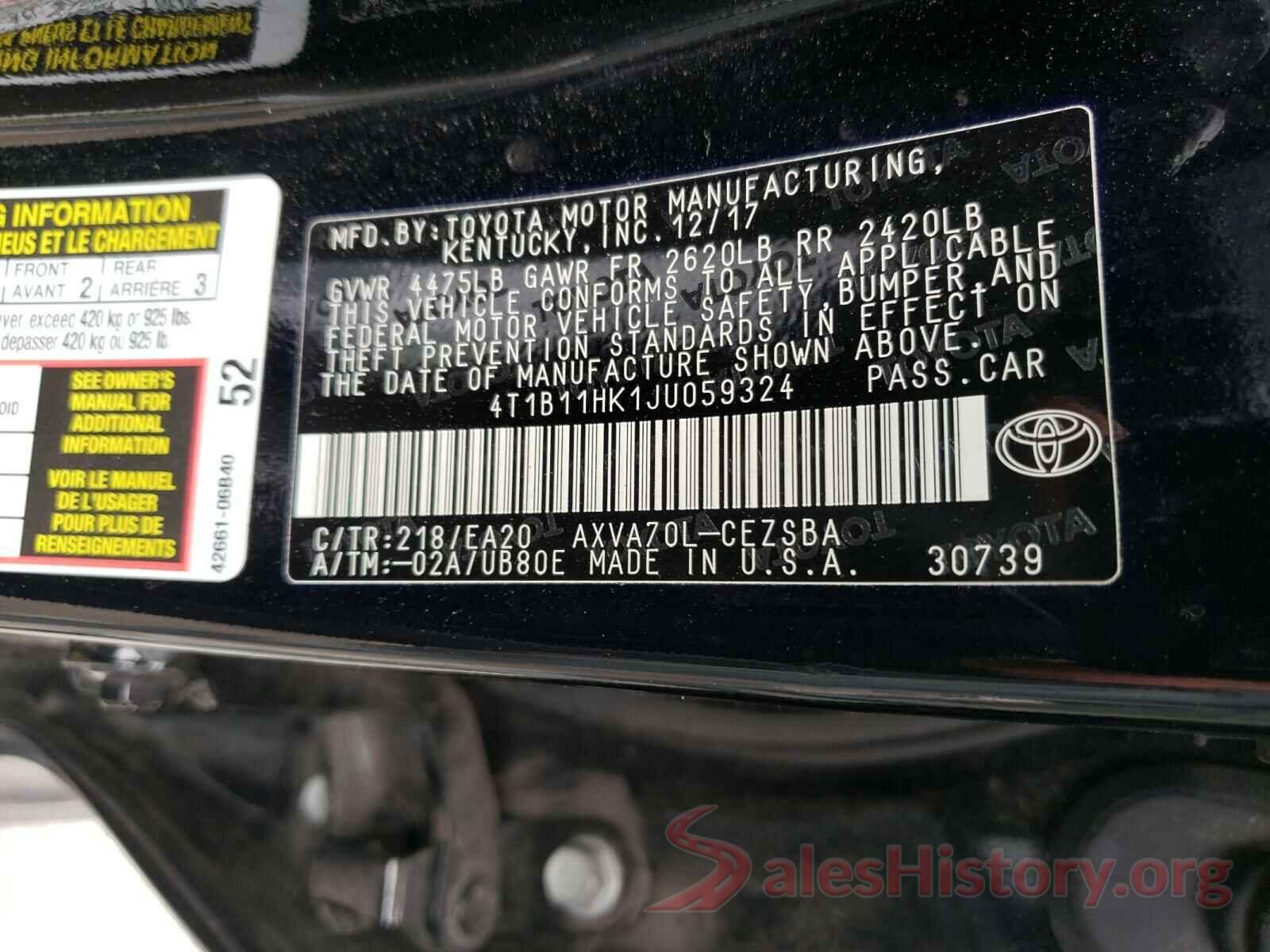 4T1B11HK1JU059324 2018 TOYOTA CAMRY