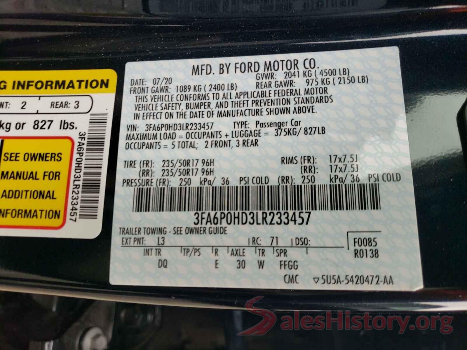 3FA6P0HD3LR233457 2020 FORD FUSION