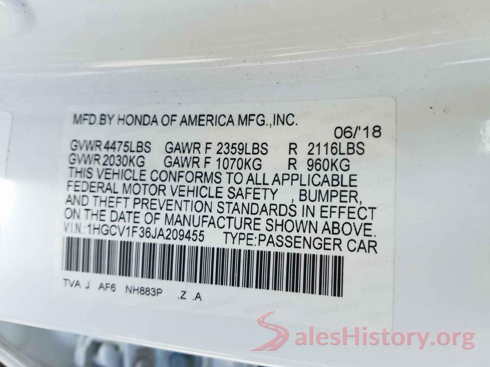 1HGCV1F36JA209455 2018 HONDA ACCORD