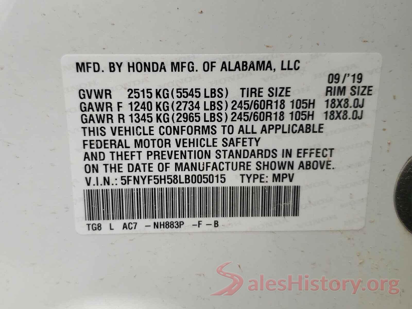 5FNYF5H58LB005015 2020 HONDA PILOT