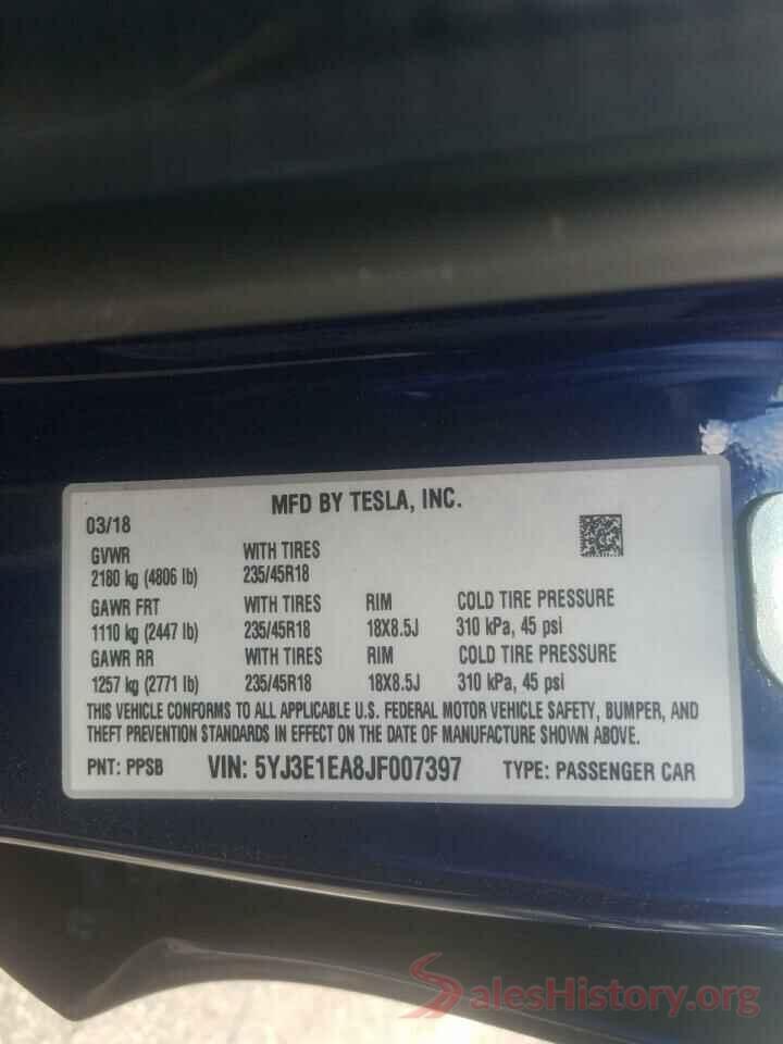 5YJ3E1EA8JF007397 2018 TESLA MODEL 3