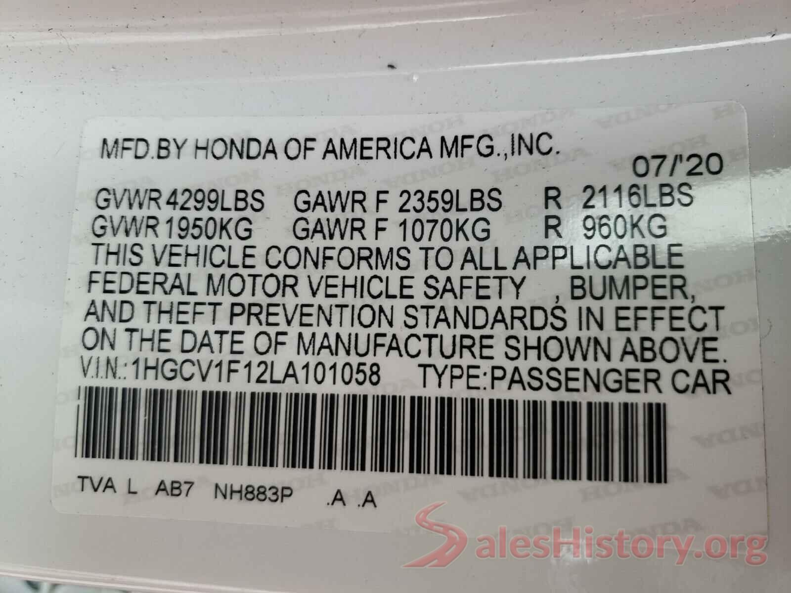 1HGCV1F12LA101058 2020 HONDA ACCORD