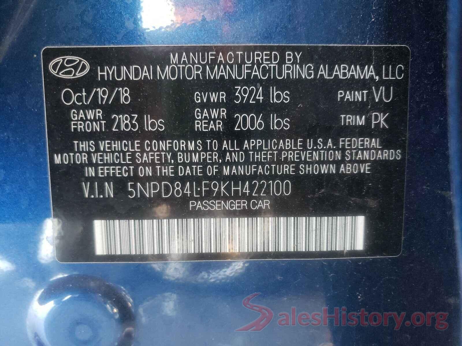 5NPD84LF9KH422100 2019 HYUNDAI ELANTRA