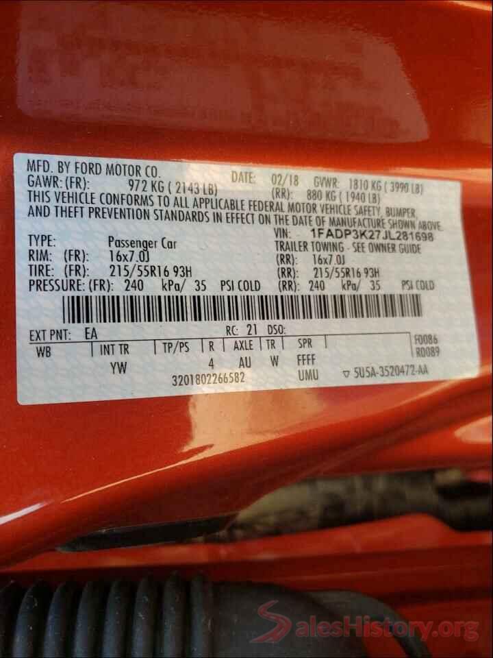 1FADP3K27JL281698 2018 FORD FOCUS