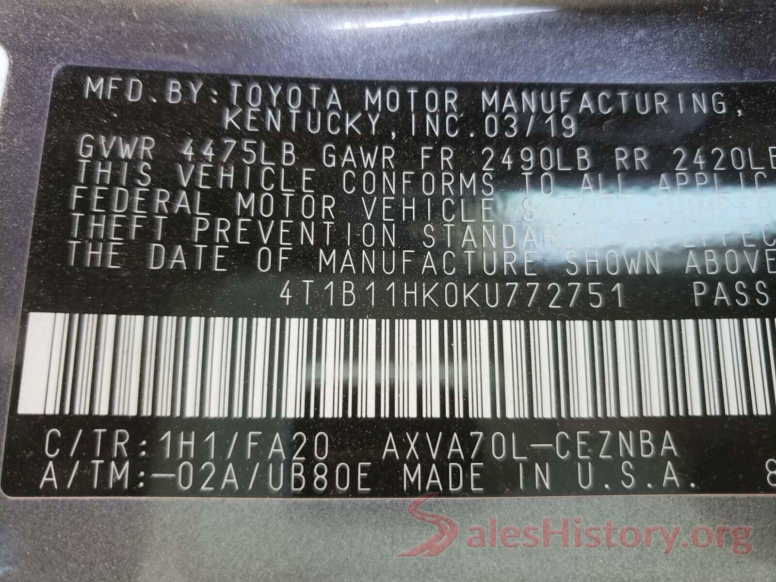 4T1B11HK0KU772751 2019 TOYOTA CAMRY