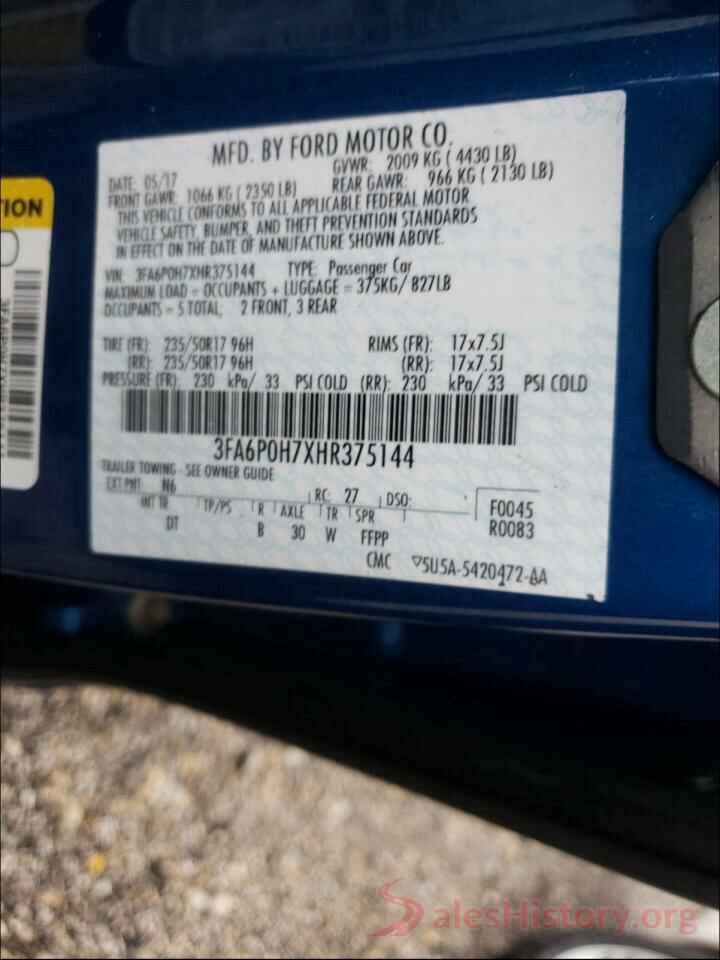 3FA6P0H7XHR375144 2017 FORD FUSION