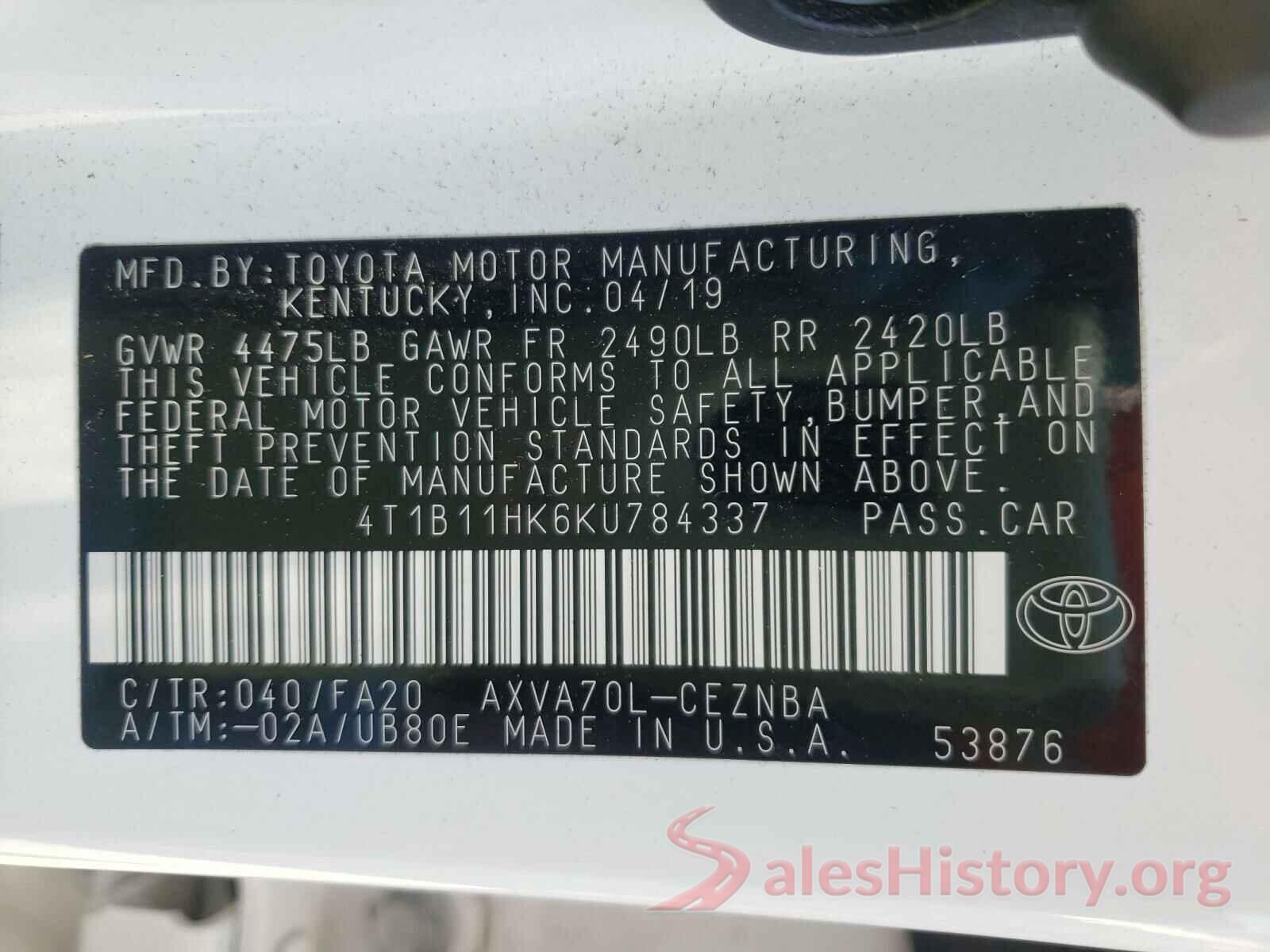 4T1B11HK6KU784337 2019 TOYOTA CAMRY