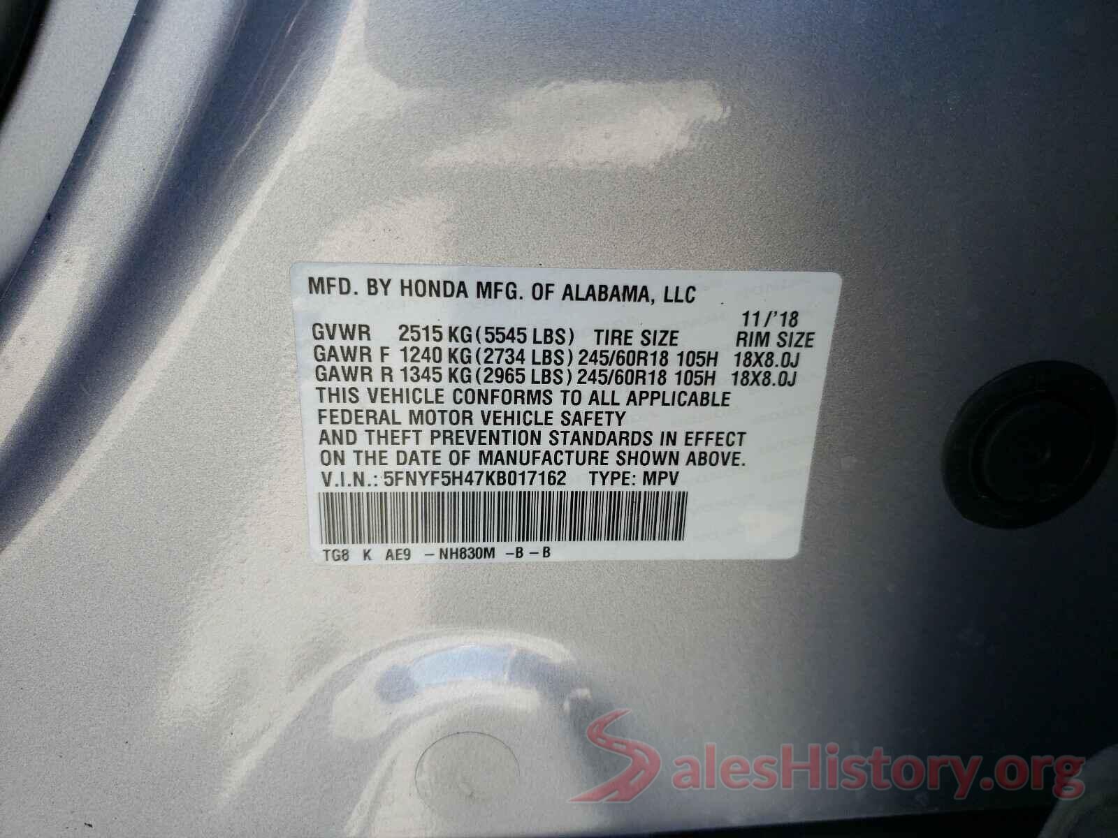 5FNYF5H47KB017162 2019 HONDA PILOT