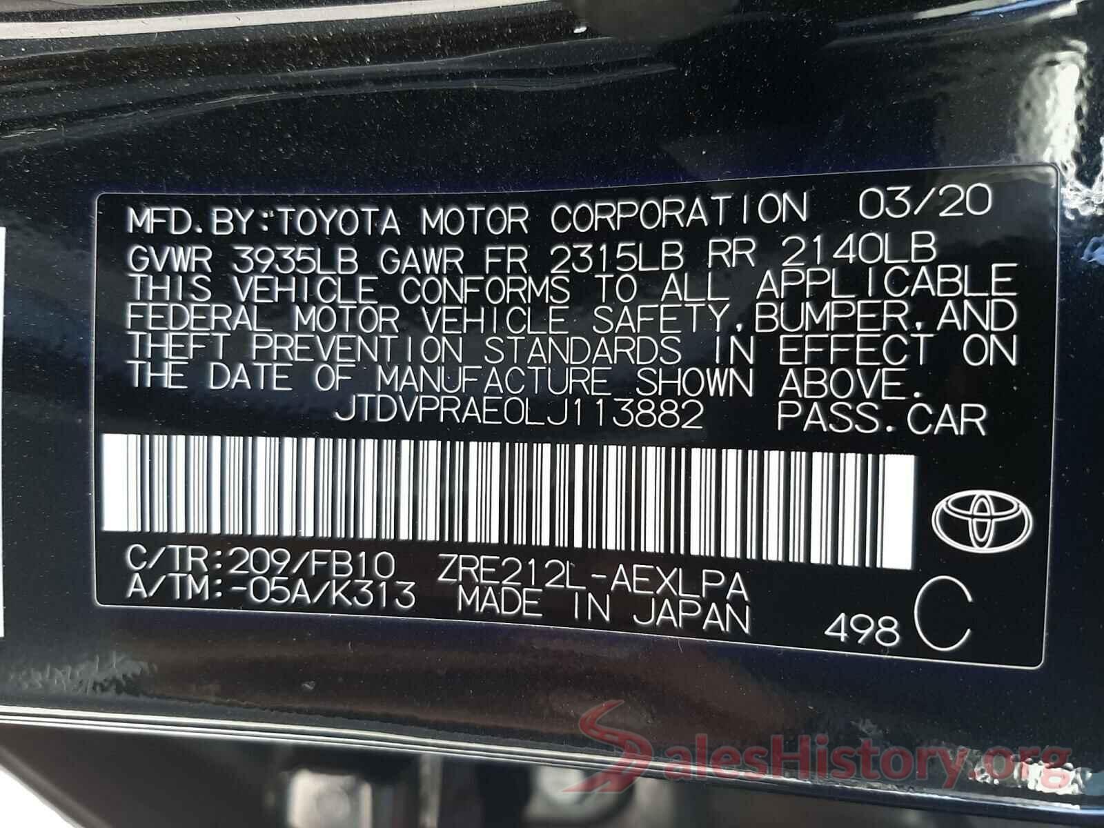 JTDVPRAE0LJ113882 2020 TOYOTA COROLLA