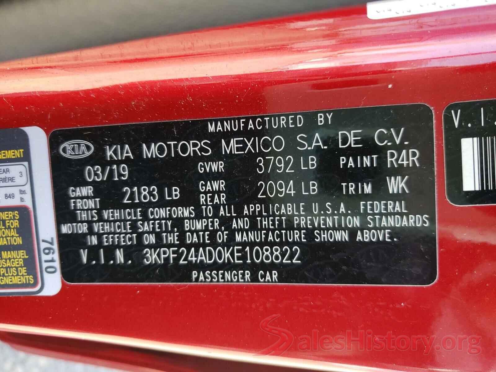 3KPF24AD0KE108822 2019 KIA FORTE