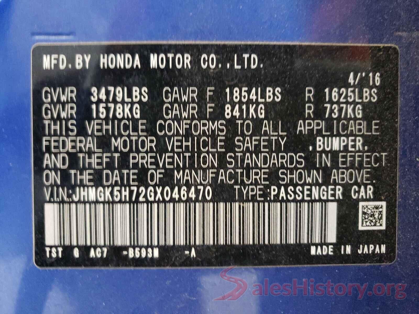 JHMGK5H72GX046470 2016 HONDA FIT