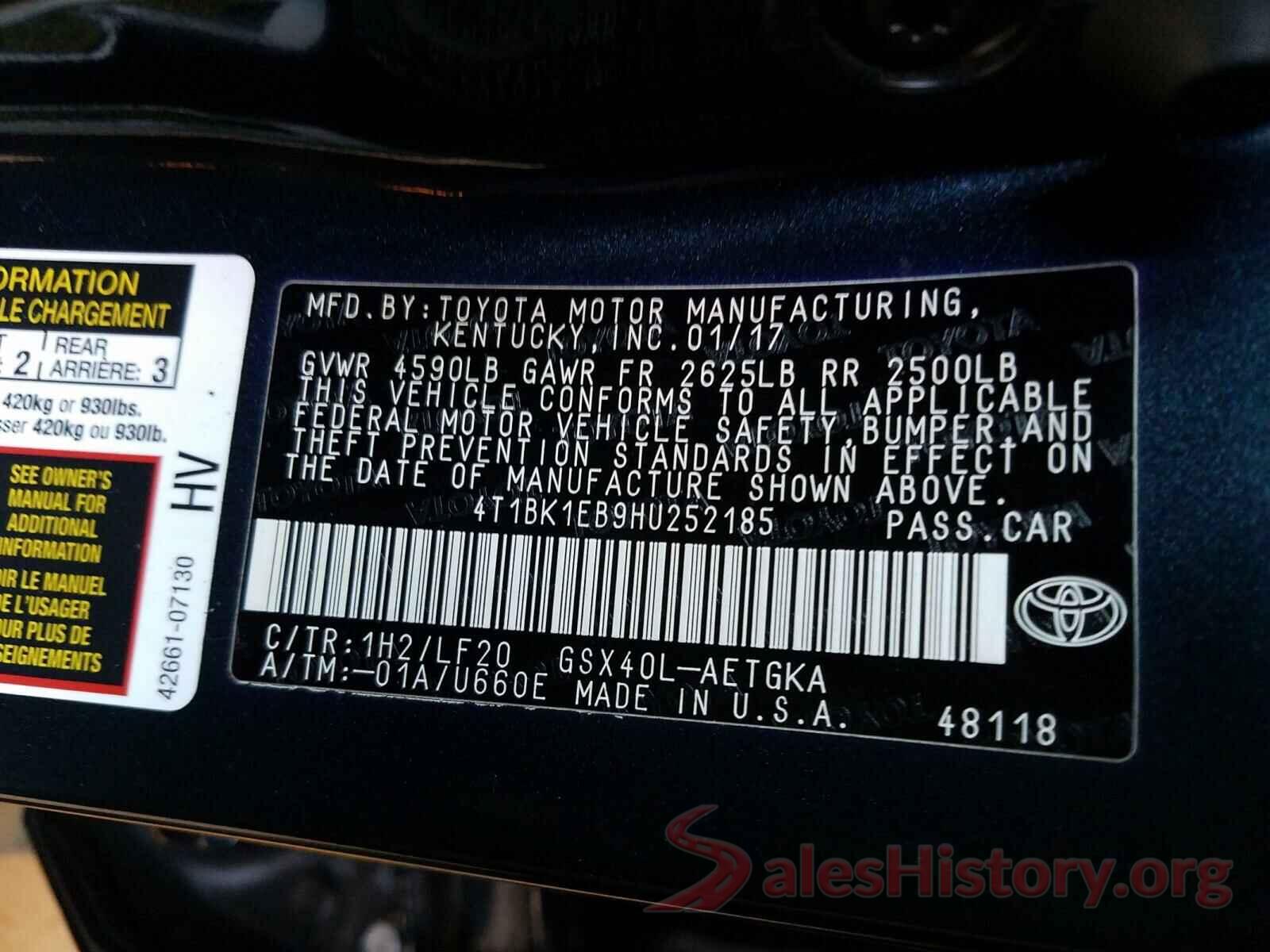 4T1BK1EB9HU252185 2017 TOYOTA AVALON