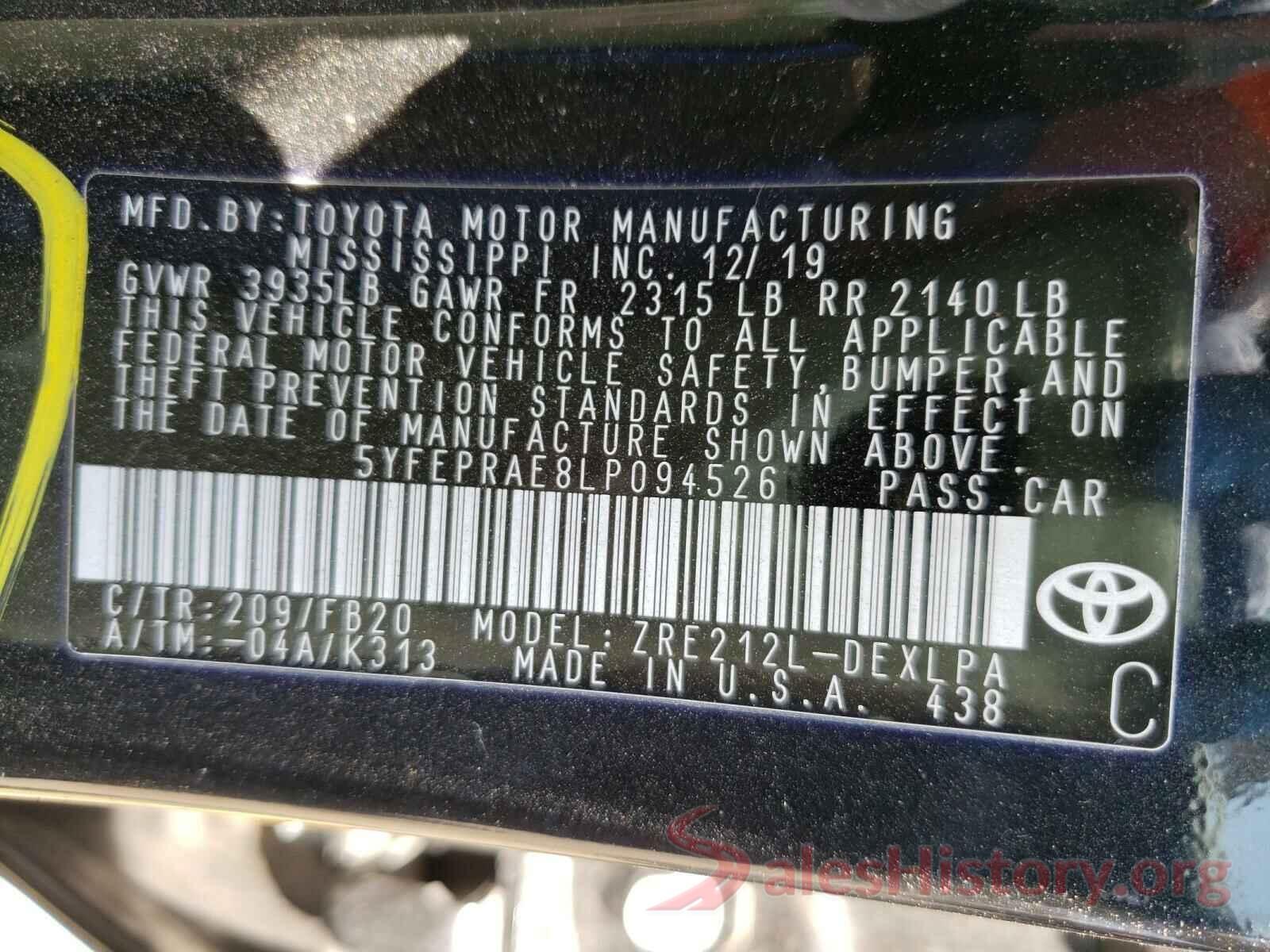 5YFEPRAE8LP094526 2020 TOYOTA COROLLA