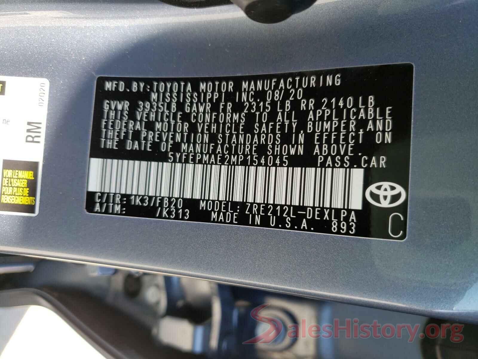 5YFEPMAE2MP154045 2021 TOYOTA COROLLA