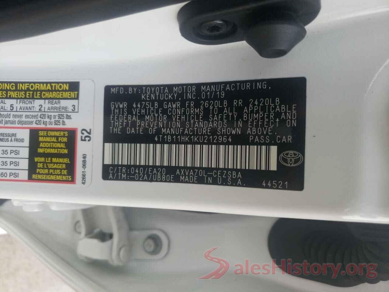 4T1B11HK1KU212964 2019 TOYOTA CAMRY