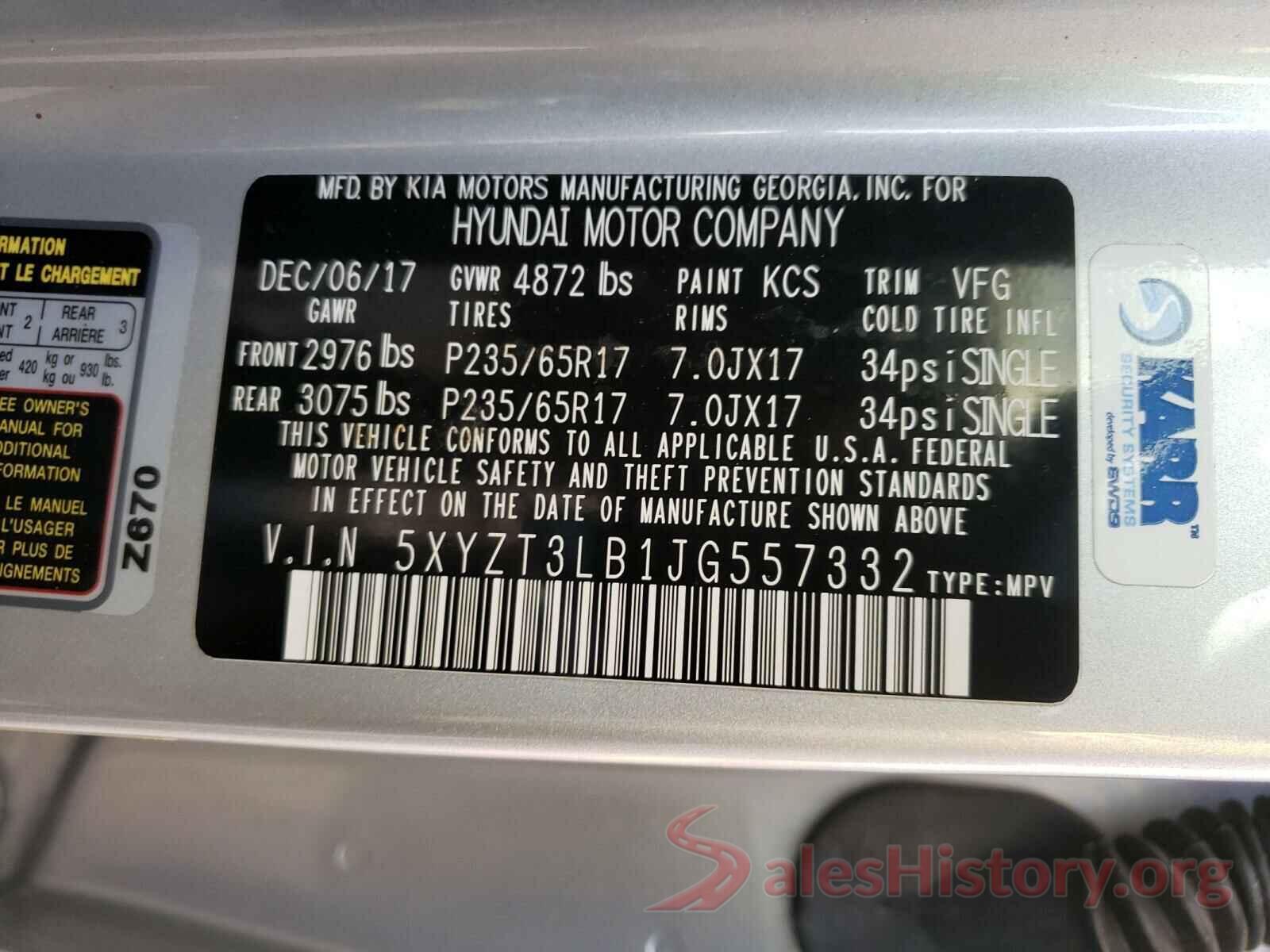 5XYZT3LB1JG557332 2018 HYUNDAI SANTA FE