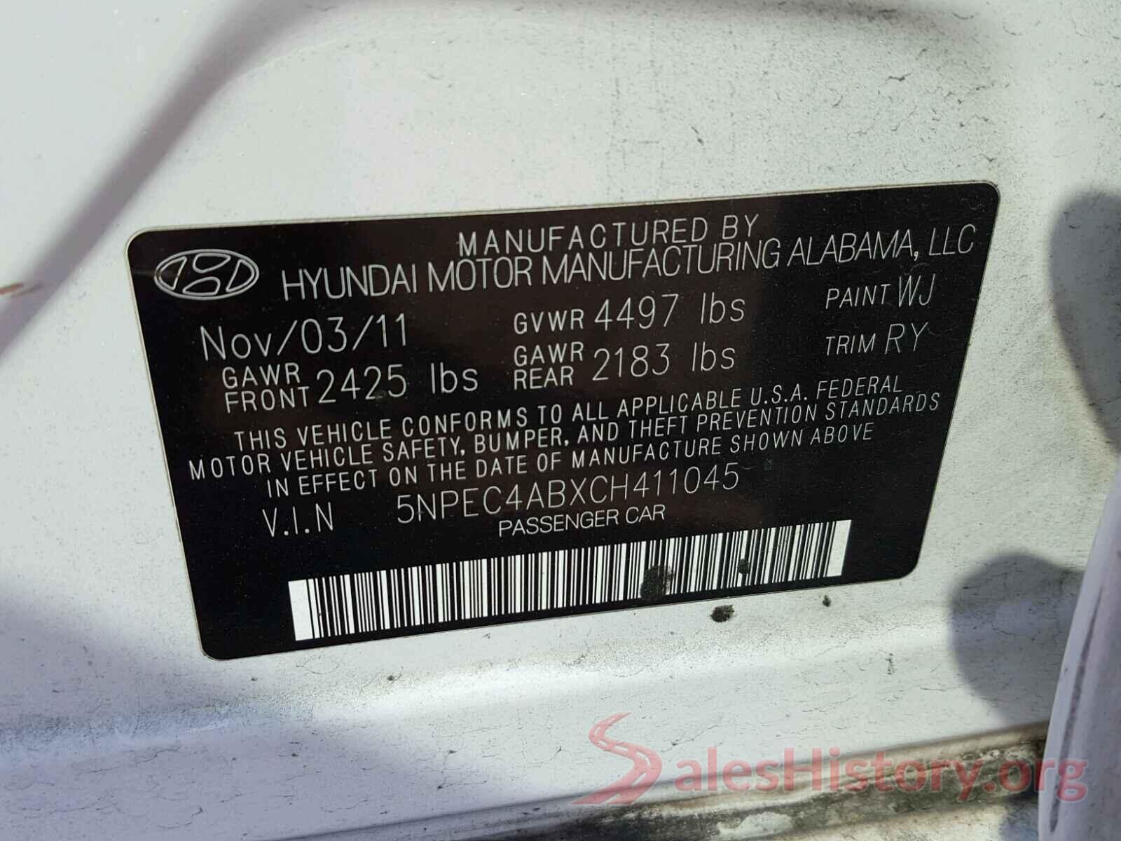 5NPEC4ABXCH411045 2012 HYUNDAI SONATA