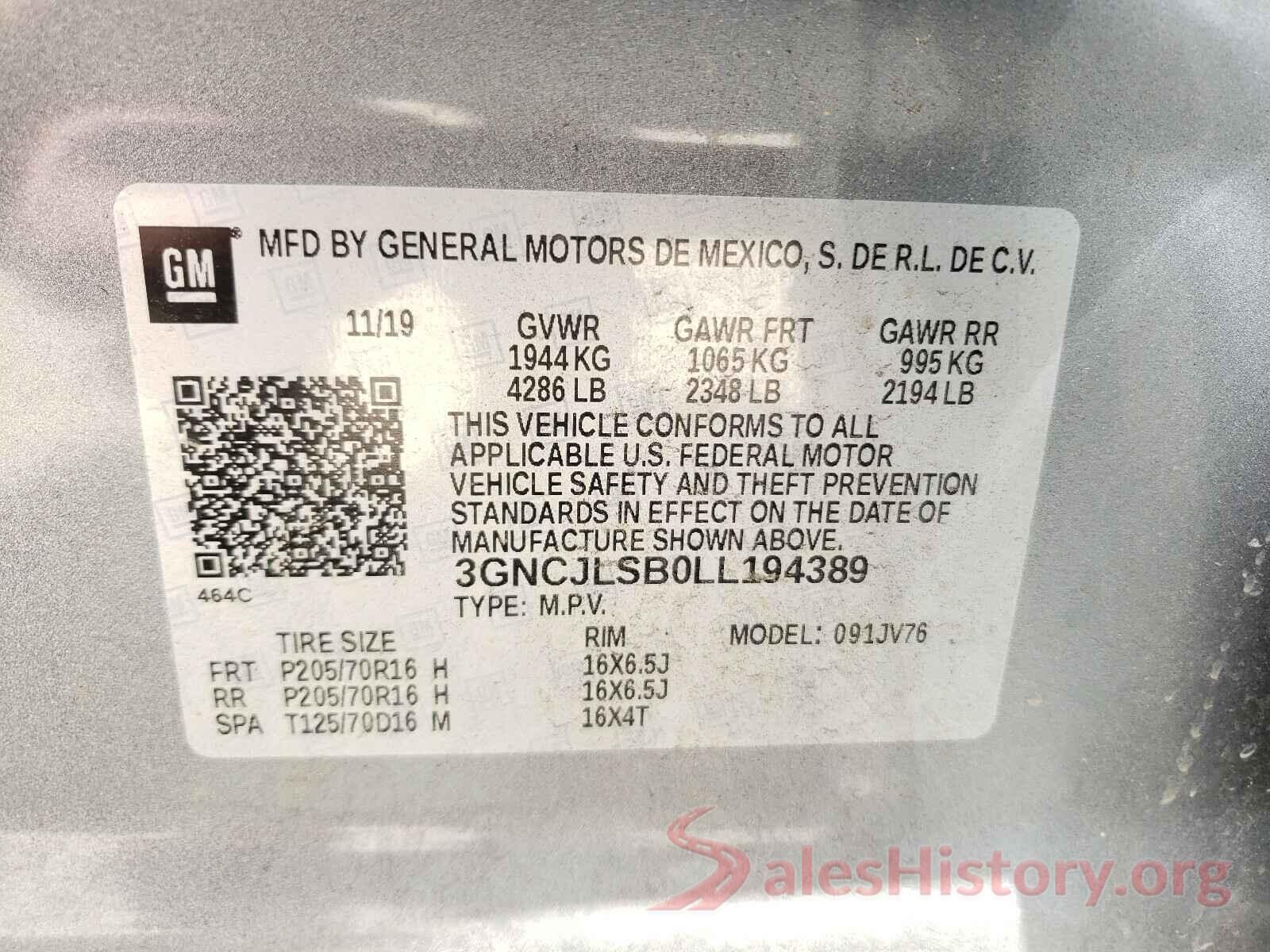 3GNCJLSB0LL194389 2020 CHEVROLET TRAX