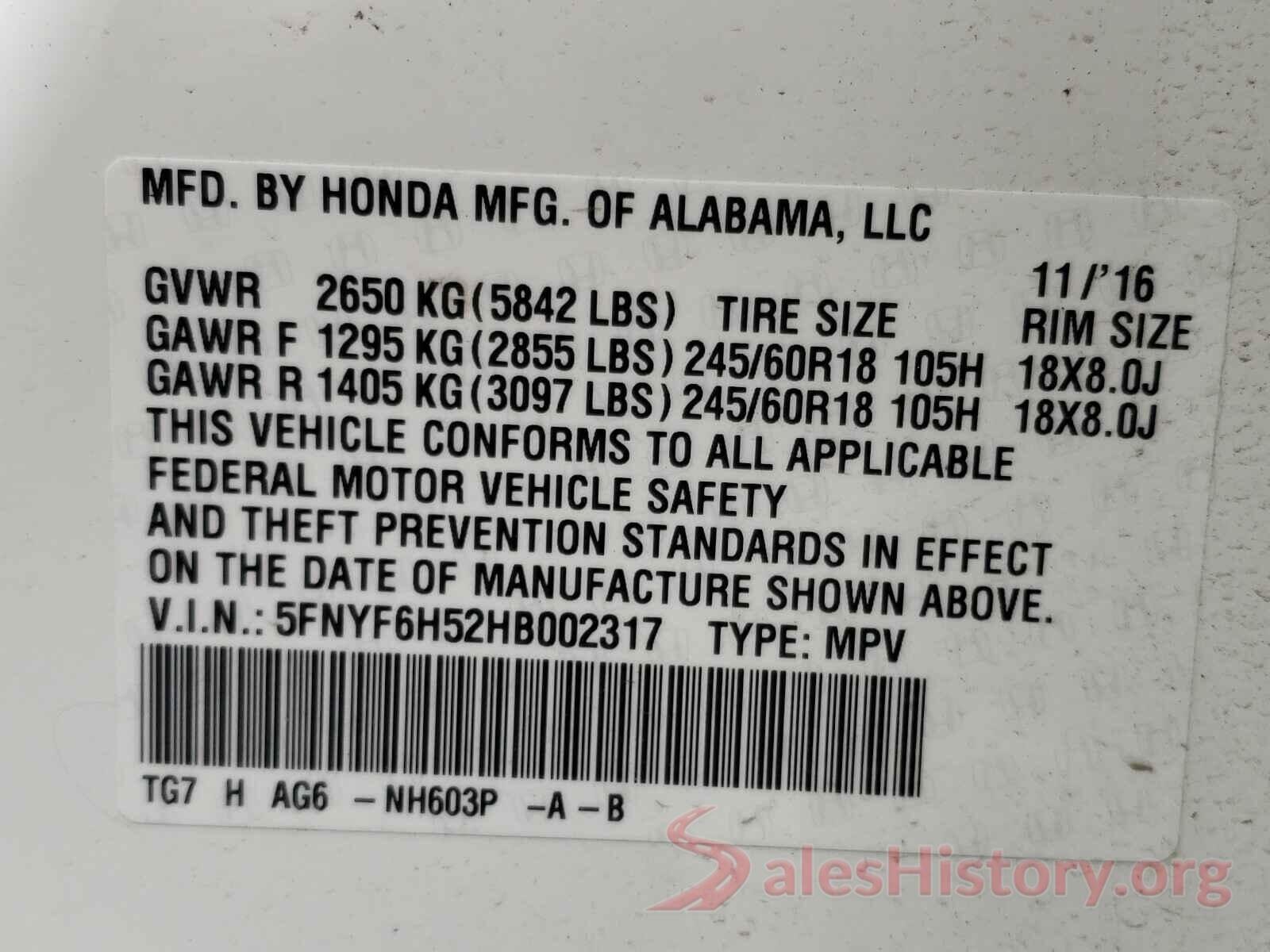 5FNYF6H52HB002317 2017 HONDA PILOT