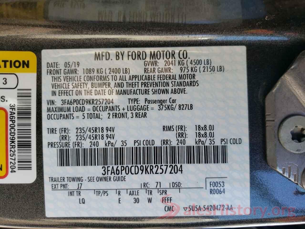 3FA6P0CD9KR257204 2019 FORD FUSION