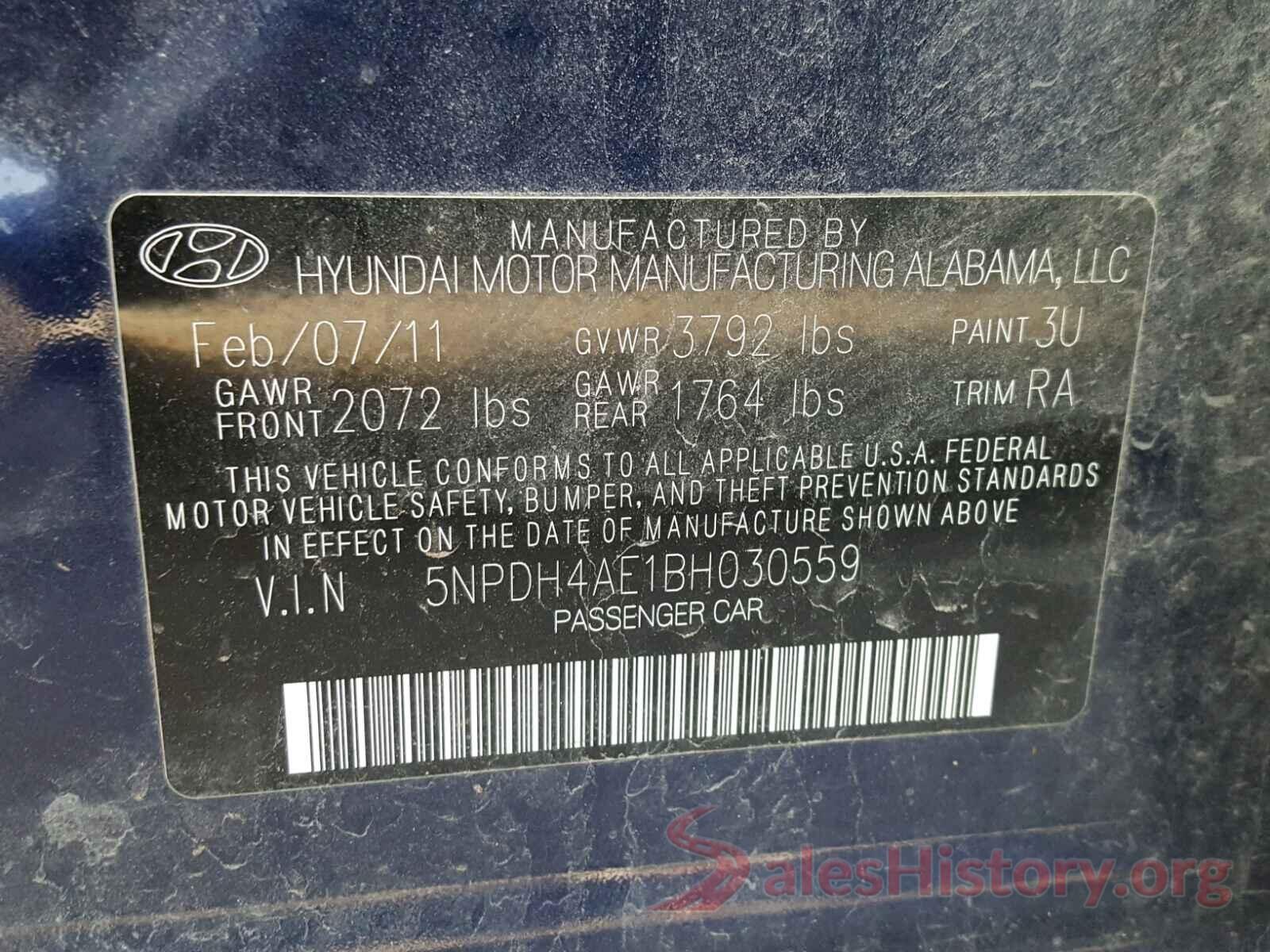 5NPDH4AE1BH030559 2011 HYUNDAI ELANTRA